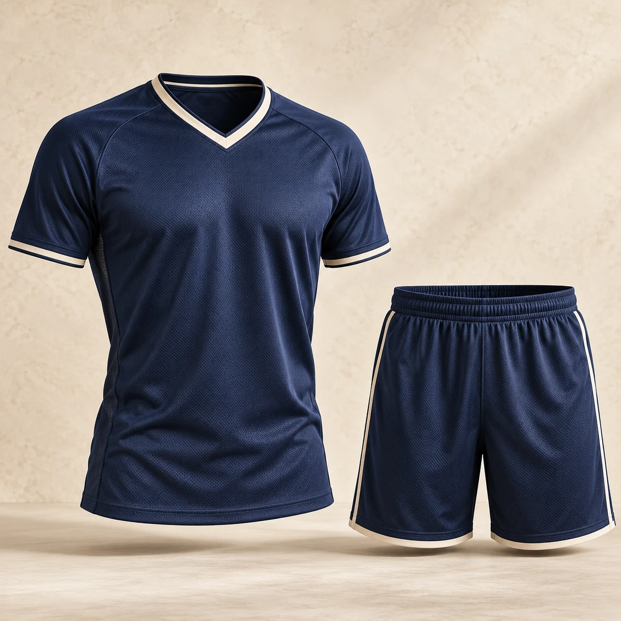 Illustrative navy sports jersey and coordinated shorts, without customer branding